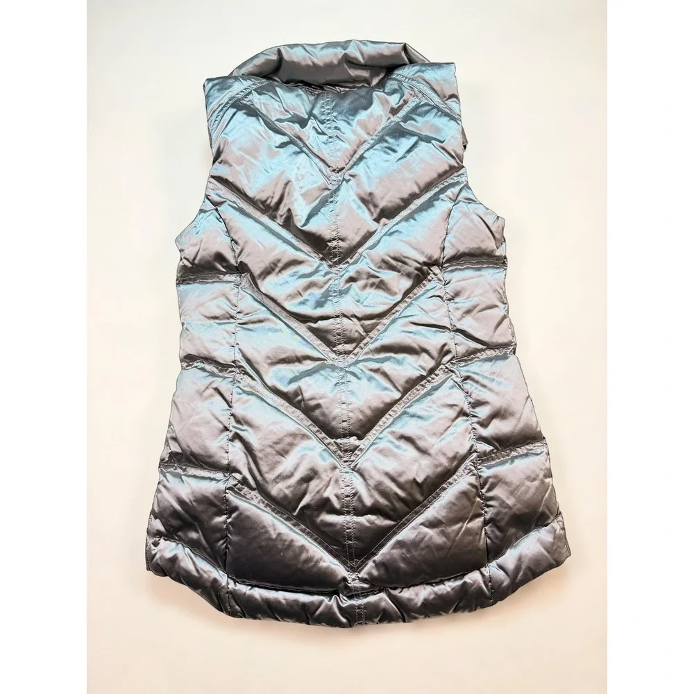 Athleta Metallic Silver Downtown High Neck Puffer‎ Ski Vest Down Filled Sz XXS